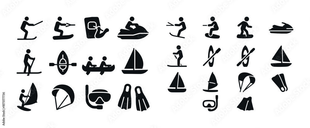 Naklejka premium Water sports icons collection: surfing, sailing, diving, jet skiing, kayaking