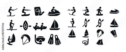Water sports icons collection: surfing, sailing, diving, jet skiing, kayaking