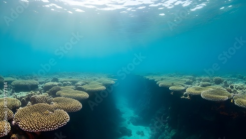 Underwater coral canyon viewed from above, sun rays piercing the water