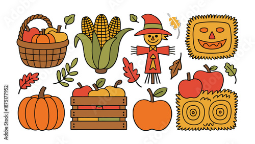 Autumn Bounty: A vibrant collection of autumnal elements, from pumpkins and apples to corn and a smiling scarecrow. A symbol of harvest and seasonal abundance.