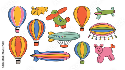 Colorful Toy Collection: A whimsical assortment of colorful toys, including hot air balloons, airplane, and animal, perfect for inspiring childhood imagination.