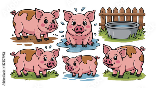Cheerful Piglet Collection: A charming illustration capturing the adorable antics of several cheerful piglets, each showcasing their unique personalities and engaging in playful activities.