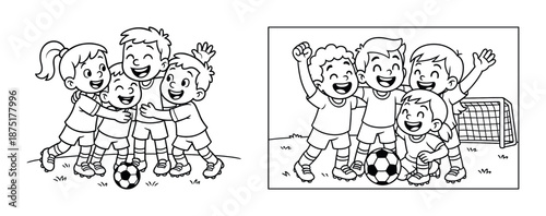 Cheerful kids playing soccer: team spirit and joyful friendship