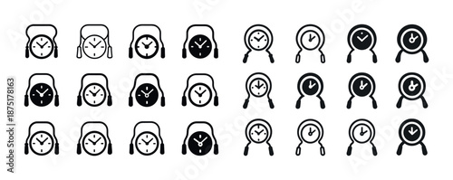 Set of black and white clock icons with simple designs and various styles