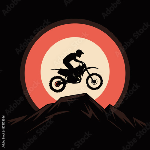 This dynamic image showcases a dirt bike mid-air over a mountainous terrain, set against a large, colorful circular sun, capturing the thrill of motocross outdoors.