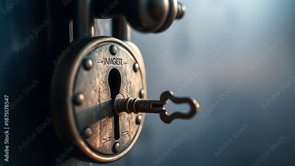 Fototapeta premium unlocking. Antique lock with key in soft morning light, symbolic of unlocking. lifestyle magazines, social media lookbooks, designed for influencer and brand collaborations, used by data scientists.