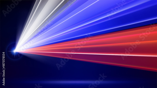 Flag of russia. Russian abstract flag. Laser show. Spotlight on dark blue background. Multicolor template of banner, poster for political news from russia. Place for text. Copy space. Vector