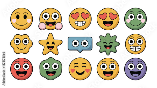 Emojis Assortment: A diverse collection of colorful and expressive emoji icons, each showcasing a unique emotion and personality. 