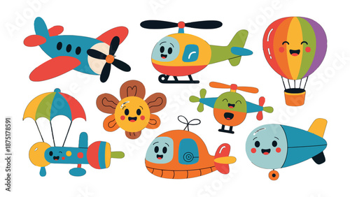 Joyful Transportation: A collection of cheerful and vibrant illustrations of air vehicles including airplanes, helicopters, and a hot air balloon.