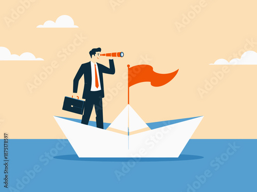A creative illustration of a businessman standing on a paper boat, using binoculars to signal direction, symbolizing leadership and navigating challenges in a unique way.