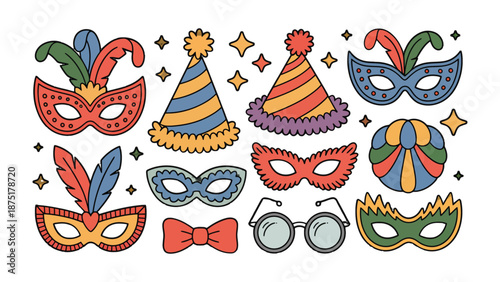 Festive Masks and Accessories: A collection of vibrant masquerade masks and party accessories ready to celebrate. perfect for themed events and creative projects.