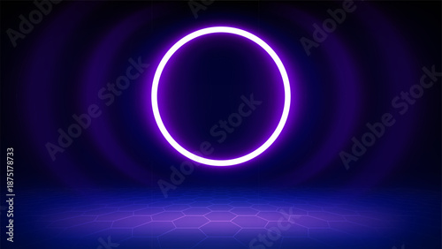 Futuristic blue technology stage background. Circular purple pink neon, led halo spotlight, grid floor. Tech backdrop. Showcase. Background for displaying products, advertising, presentation. Vector