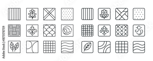 Geometric and floral line art patterns set in grid layout