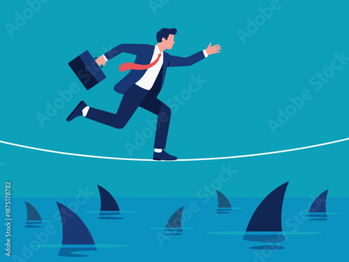 A businessman is depicted running on a tightrope above sharks, illustrating the risks and challenges of navigating a precarious business environment and the balance required for success.