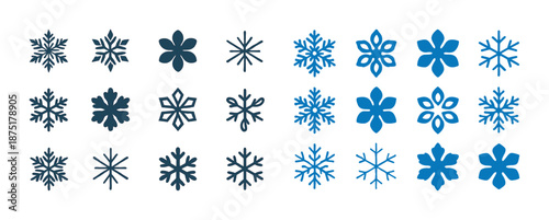 Variety of blue and black snowflake designs in different shapes and styles