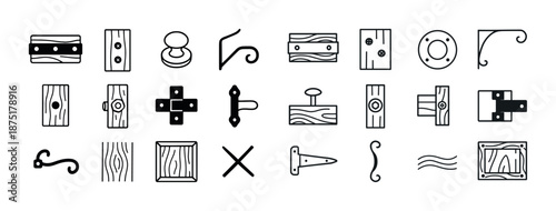 Set of various line art door and cabinet hardware icons in black and white