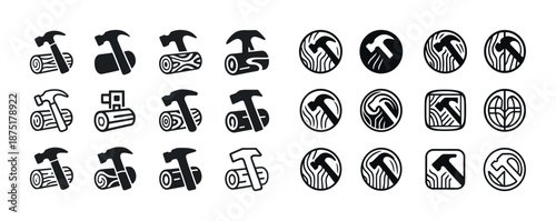 Black and white hammer and wood icons set for carpentry and construction