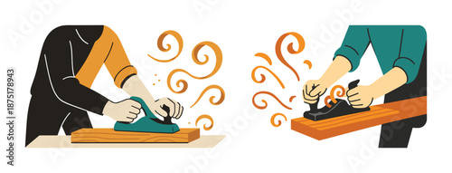 Woodworking craft: two people using hand planes for smoothing wood