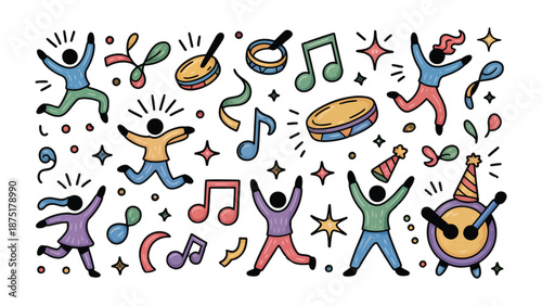 Music and Merriment: Playful stick figures dance and celebrate amidst colorful musical notes and instruments. The festive arrangement symbolizes the joy and rhythm of a lively celebration.