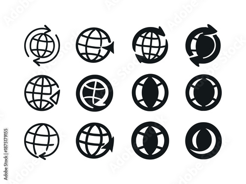 Spinning World Icons. Spinning world. Icon set. Set Logo of Spinning world: rotating arrow circle. harmonious logo variations of the same emblematic concept,
