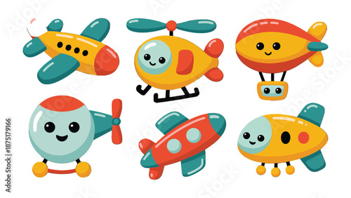 Animated Aviation Array: A colorful ensemble of animated airplanes, helicopters, and a blimp, each exuding a playful charm, inviting viewers to take flight into a world of whimsical wonder.