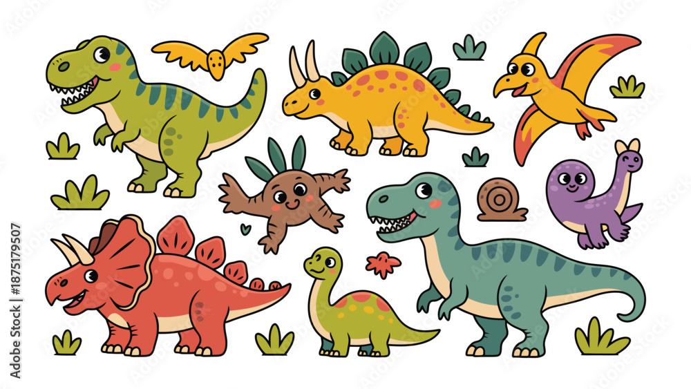 Naklejka premium Prehistoric Pals: A vibrant collection of whimsical dinosaurs, each with unique charm and personality. These friendly prehistoric creatures are ready for adventure.