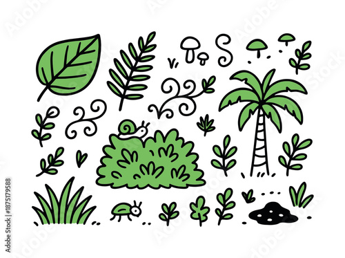 Lush Green Doodles. Lush Greenery. Hand-drawn doodle illustration Lush Greenery large leaf (accented #04b795), fern frond, dense bush (accented #04b795), vine