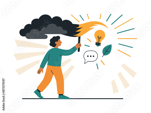 Sweeping Dark Clouds. Mindset reset. Character sweeping away dark clouds with a bright brushstroke; fresh ideas floating in. Soft rays symbolizing clarity.