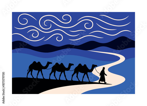 Camels on Desert Trail. Ancient trade paths. Camel silhouettes moving along a stylized desert trail; swirling wind lines. Subtle hill contours enhancing