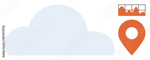 Data analysis, cloud computing, geolocation, network, business strategy, digital technology. A cloud, a location pin and a graph icon. Cloud computing and data analysis concept