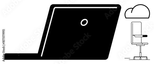 Remote work, cloud computing, digital collaboration, office setup, technology management, modern workspace. A laptop, cloud icon and office chair illustration. Remote work and cloud computing