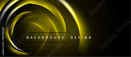 Abstract golden swirls over black background. Elegant design suggests luxury, motion, energy. Text reads background design.