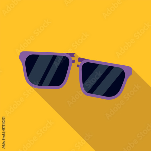 Purple frame sunglasses with dark lenses on a yellow background, creating long shadow