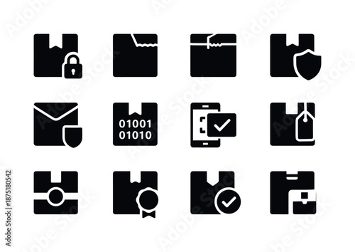 Parcel Security Icons. Parcel security. Solid icon set of parcel security: lock sticker, tamper-evident seal, security tape, shield icon, sealed