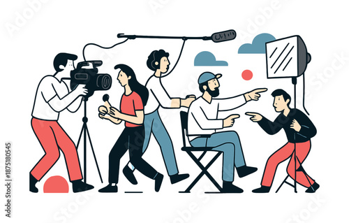 Film Crew Harmony. Film crew teamwork. A wide scene of the whole crew in motion: camera, light, sound, makeup, and director in harmony. Modern flat-line