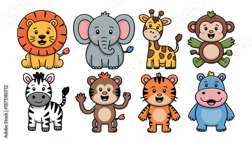Animal Kingdom Cartoon: A vibrant cartoon featuring a cheerful lion, elephant, giraffe, monkey, zebra, tiger, monkey, and hippo, capturing the playful essence of the animal kingdom.