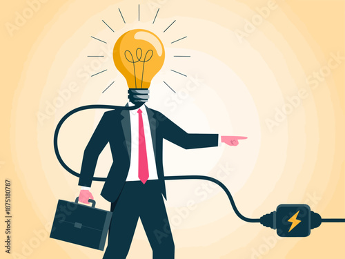 This imaginative illustration depicts a businessman with a lightbulb for a head, symbolizing innovative ideas and leadership in a playful yet professional artistic representation.