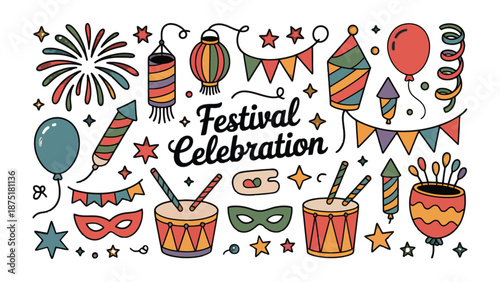 Festival Celebration: A vibrant collection of festive elements, including fireworks, lanterns, banners, balloons, and drums, comes together in a lively celebration. 
