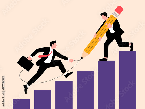 This creative illustration depicts two businessmen working together to draw a graph, highlighting the importance of teamwork and collaboration in achieving growth.