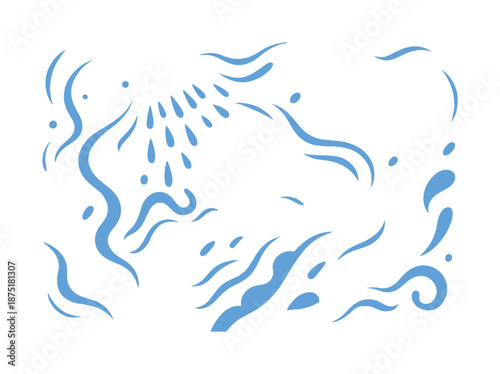 Relaxing Shower Scene. Shower routine. Water droplets and steam swirling around a relaxed silhouette; curved lines showing flow and refresh. Floating ?clean?