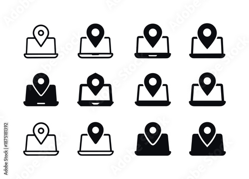 Remote Work Icons. Remote work revolution post-pandemic. Icon set. Set Logo of Remote work revolution post-pandemic: digital nomad laptop + location pin.