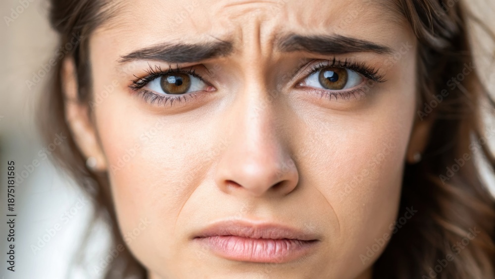 Fototapeta premium Mental Health for Entrepreneurs The image depicts a woman showing a distressed expression with furrowed brows.