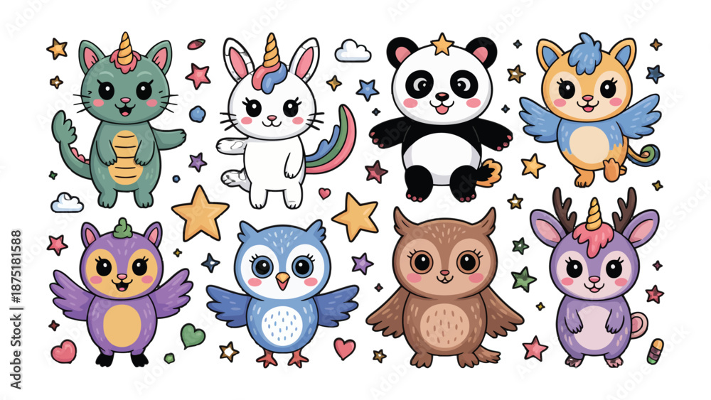 Fototapeta premium Magical Animal Collection: A delightful collection of cute, cartoonish animals, each with a unique personality and charm, including a dragon, unicorn, panda, owl, and others.