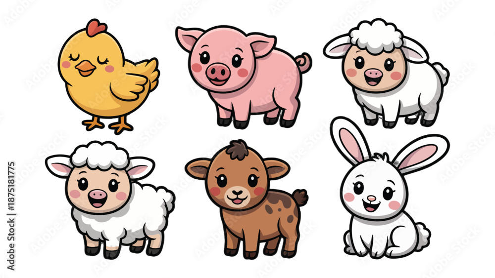 Obraz premium Adorable Farm Animal Companions: a charming illustration of cheerful farm animals, featuring a playful chick, a sweet piglet, a fluffy lamb, a gentle baby sheep, a cute calf and an endearing bunny.