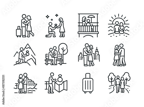 Travel Engagement Icons. Travel engagement scenes. Line icon set of Travel engagement scenes: airport hug, ring under stars, hotel balcony, beach sunrise,