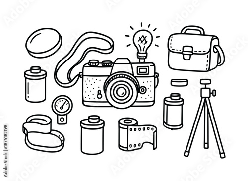 Retro Camera Illustration. Retro camera. Hand-drawn doodle illustration retro camera classic camera, lens cap, strap, flash bulb, film canister, tripod,