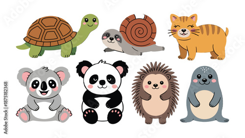 Charming Animal Collection: A delightful ensemble of cute animal illustrations, featuring a playful turtle, a friendly snail, a cuddly cat, a charming koala, a happy panda, a spiky hedgehog.