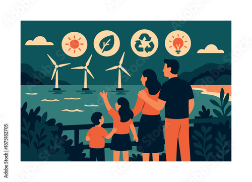 Offshore Wind Turbines. Sustainable shoreline. A family watches turbines offshore from a scenic lookout, soft icons highlighting clean, renewable hope.