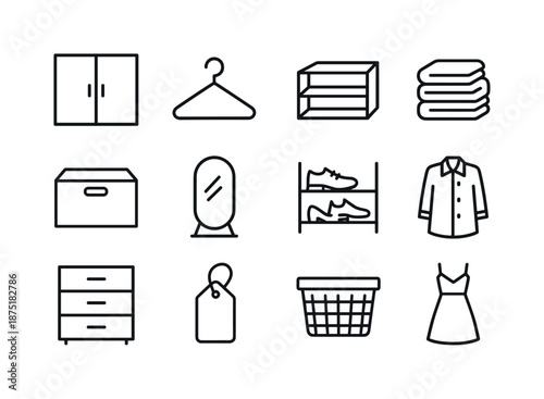 Closet Icons Set. Closet Organization. Line icon set of Closet Organization: wardrobe, hanger, shelf, folded clothes, box, mirror, shoe rack, coat, drawer,