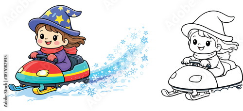 Adorable animation of a young witch kid with magical snowflakes on a snowmobile A vector drawing for a coloring book page with a black and white outline